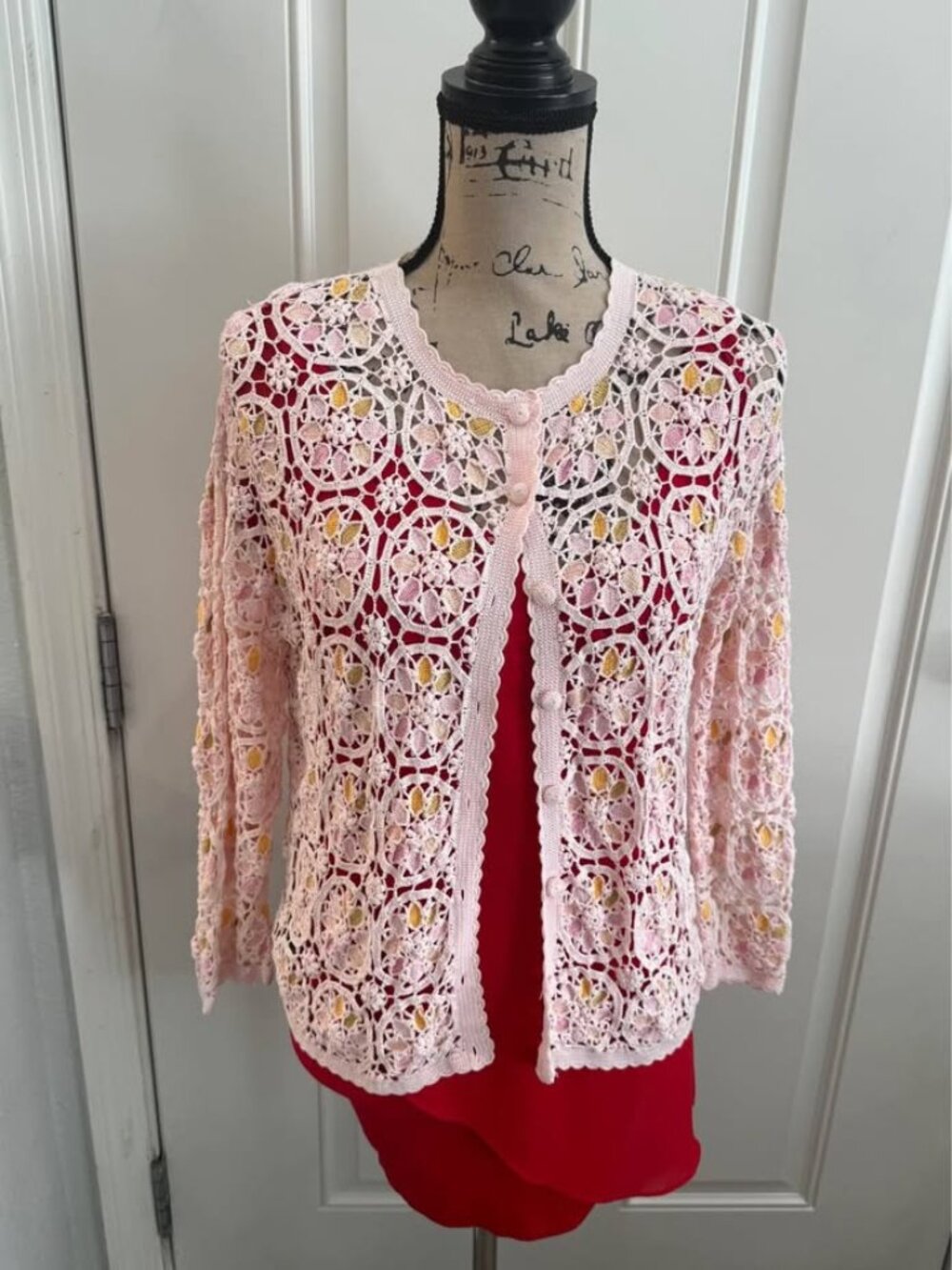 Vintage Hand Knit Pink Flower Pattern Openwork Crochet Cardigan - XS/S